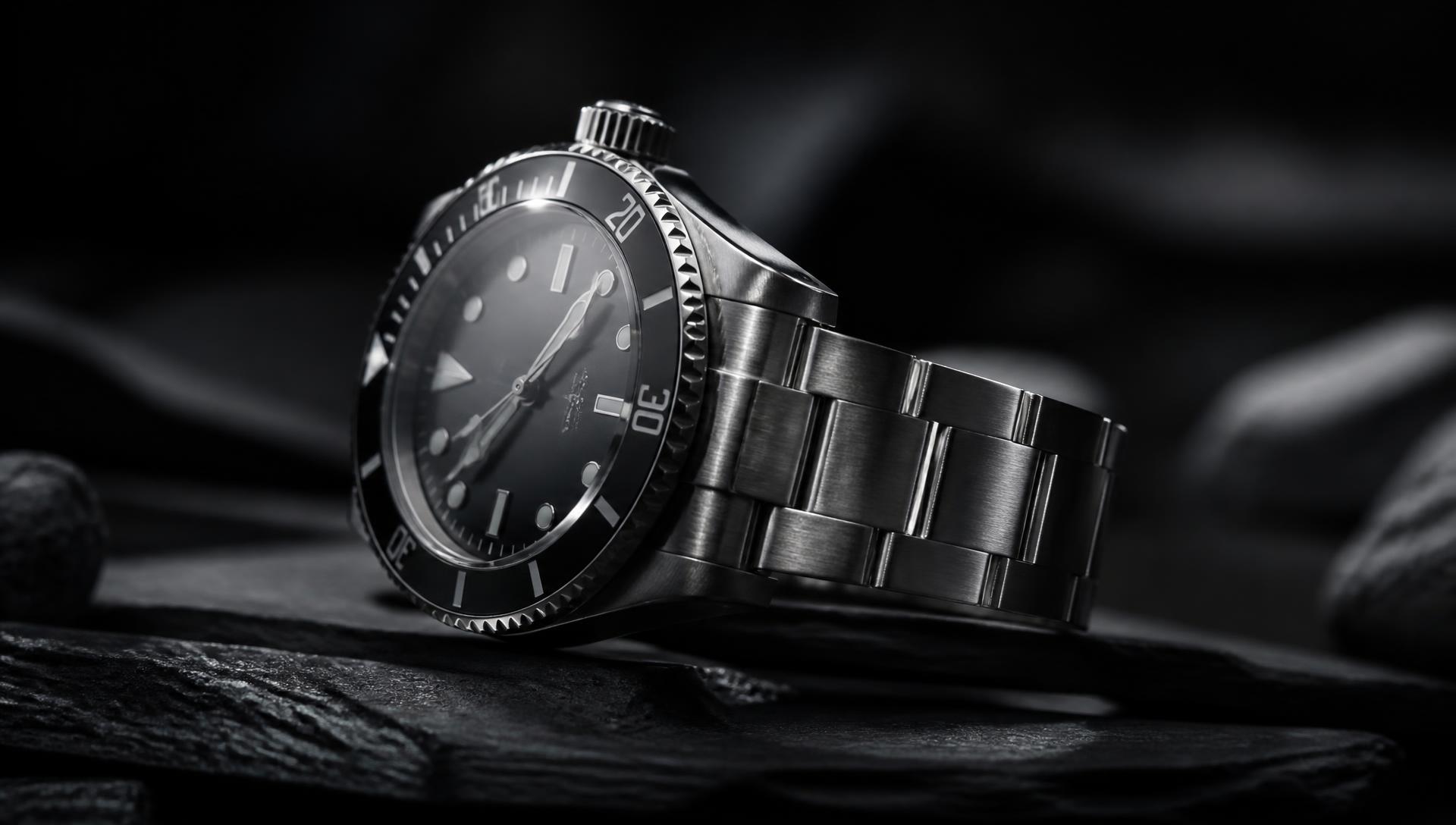 Luxury steel dive watch resting on dark slate